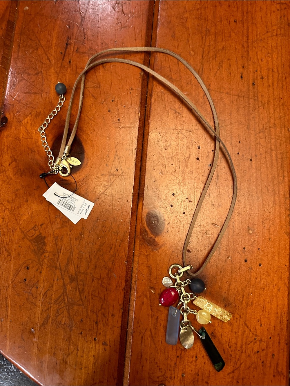 Chico's Brown Suede Cord Necklace with Red and Black Charms